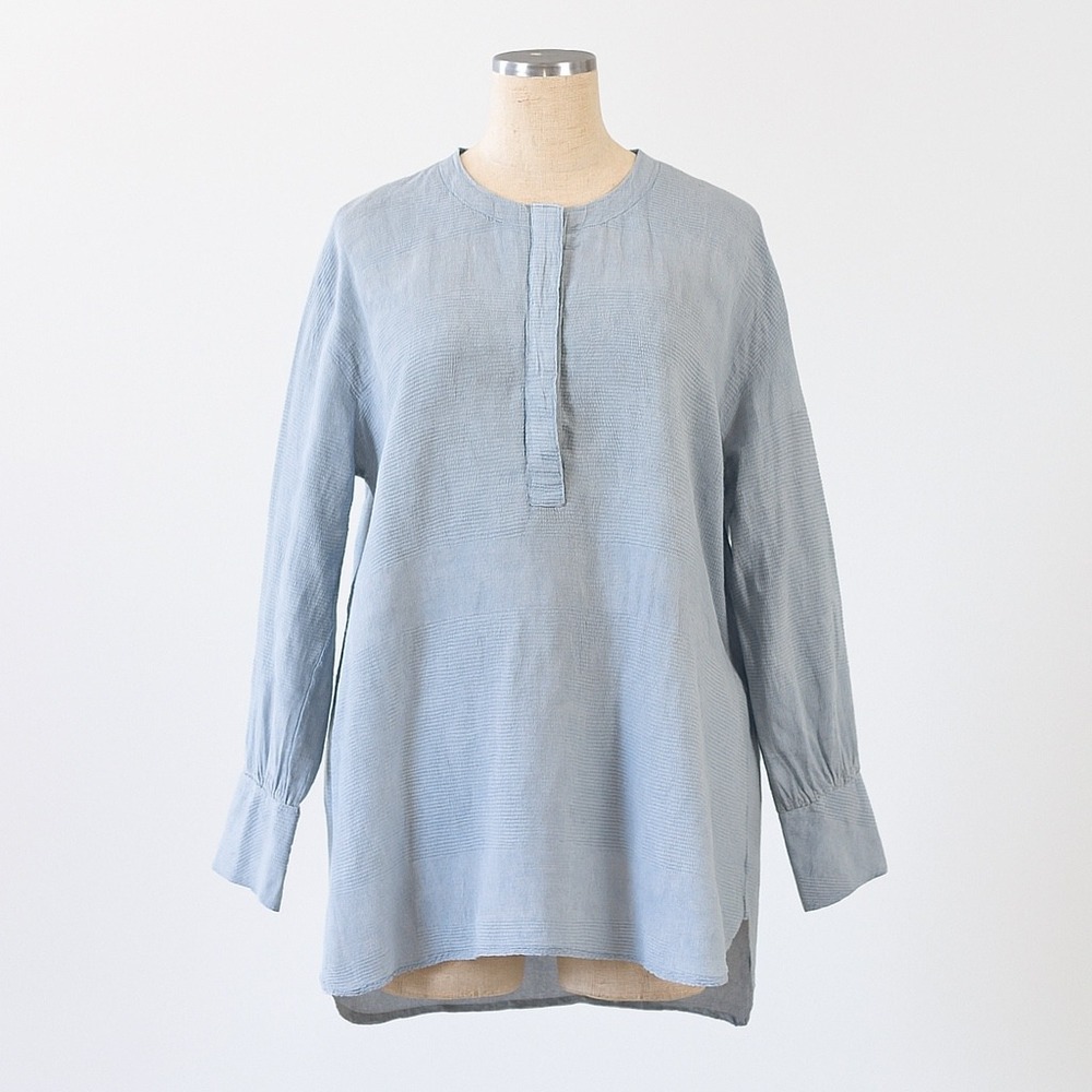 Soft Surroundings Popover Top Womens Petite Small PS Light Blue Linen Blend